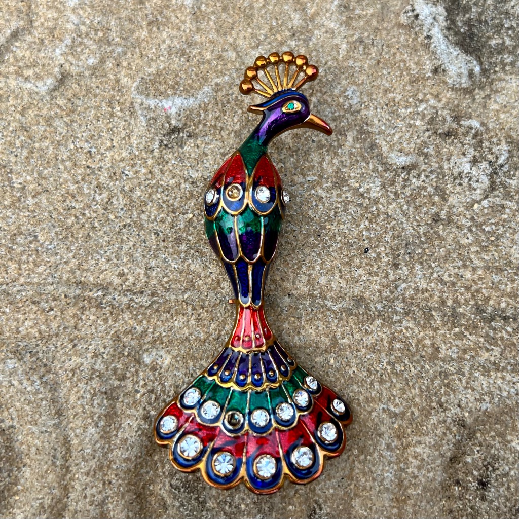 Vintage Peacock Brooch Pin Enamel And Rhinestones Gold Tone Br2